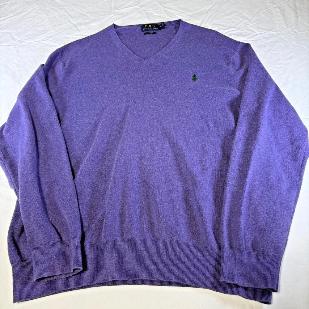 Polo Ralph Lauren Purple V-Neck Sweater Pima Cotton Blue Pony Logo Men's Size XL